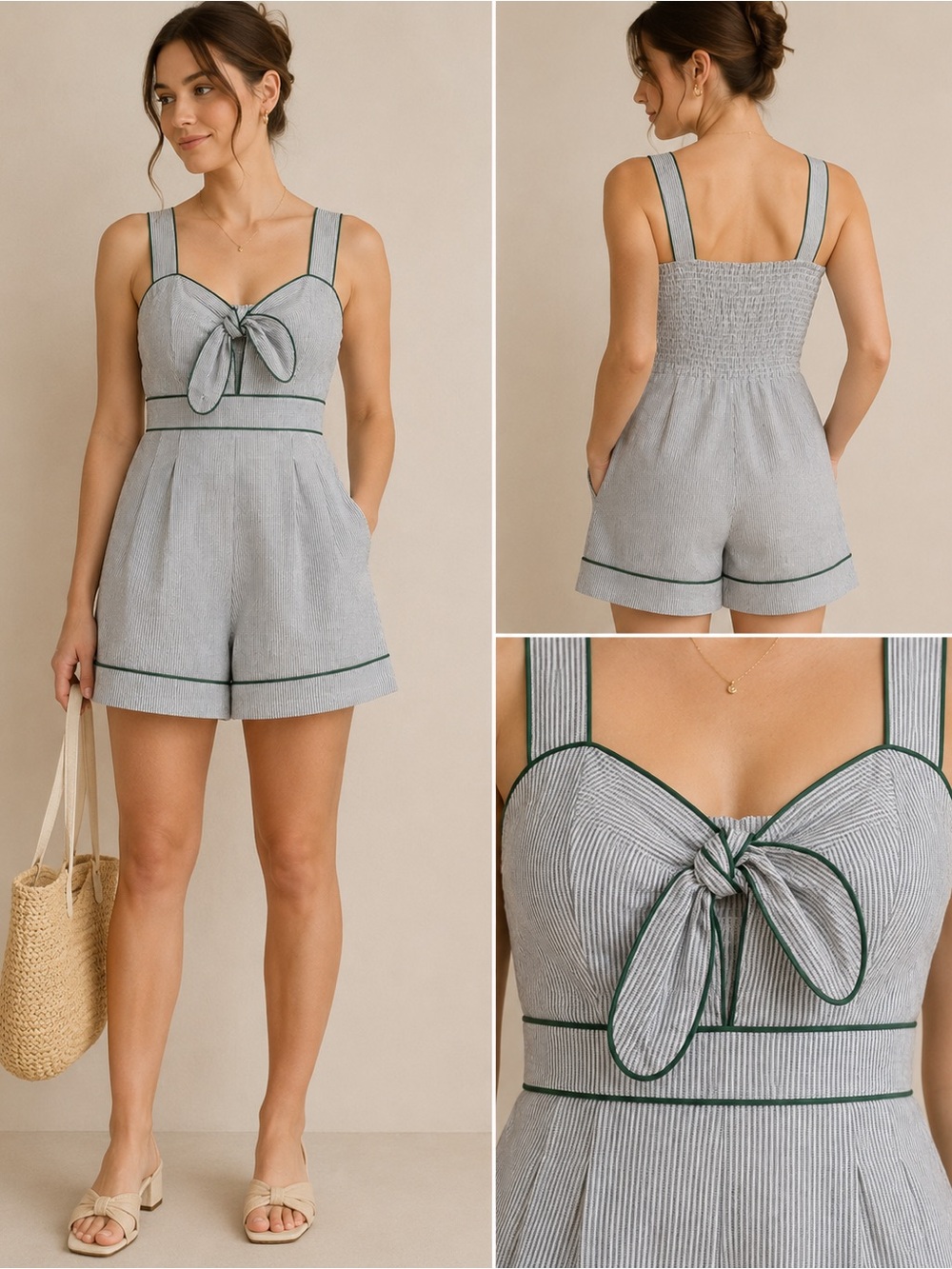 NWT Caroline Constas Green White Striped Linen Blend Romper Size Small